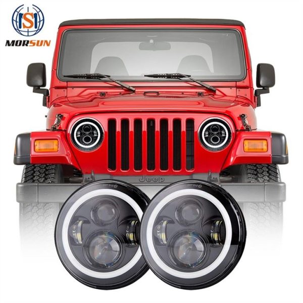 DOT 7 ไฟหน้า LED Halo สําหรับรถจี๊ป Wrangler อุปกรณ์เสริมรถยนต์ LED โปรเจคเตอร์เลนส์ไฟหน้าสําหรับรถจี๊ป TJ 1997-2006 JK CJ7 LJ